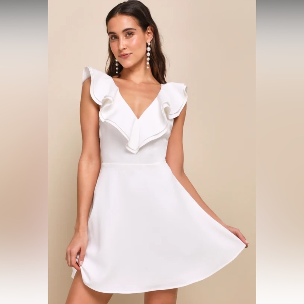 NWOT Lulus Divine Darling White Ruffled Skater Dress wedding bride bachelorette - Picture 2 of 4